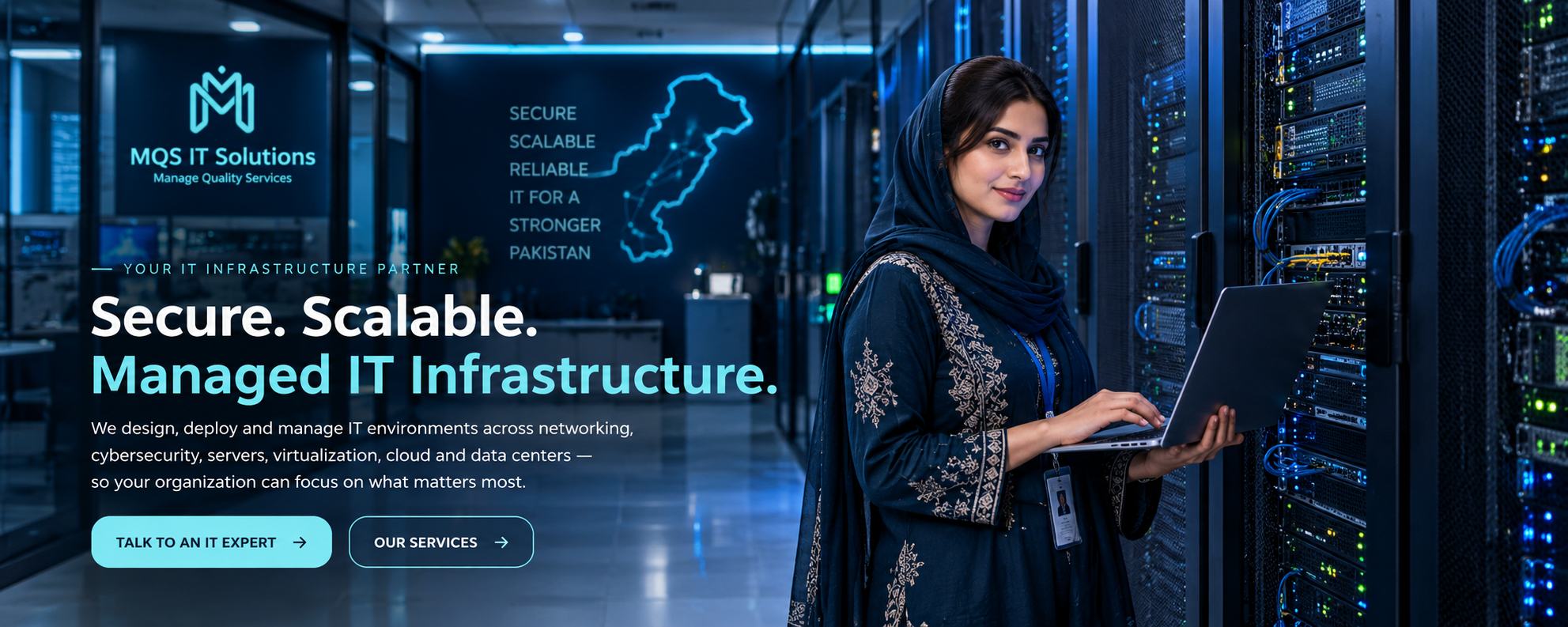 IT professional working in a modern data center for MQS IT Solutions