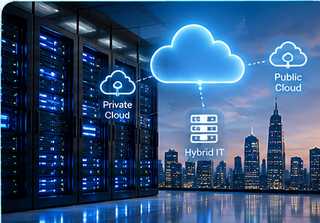 Blue-lit server infrastructure representing cloud and hybrid IT environments